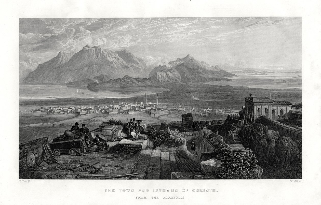 1887年、ギリシャのアクロポリスからのコリントスの町と地峡 作： W.ミラー