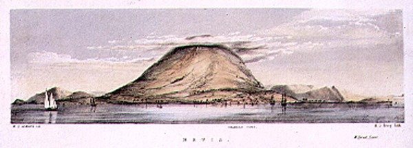 西インド諸島ネイビス島チャールズタウンの眺め、Henry C. Trery (fl.1849-54)の彫刻、1849年頃（カラーリトグラフ版） 作： WS（後）アンドリュース