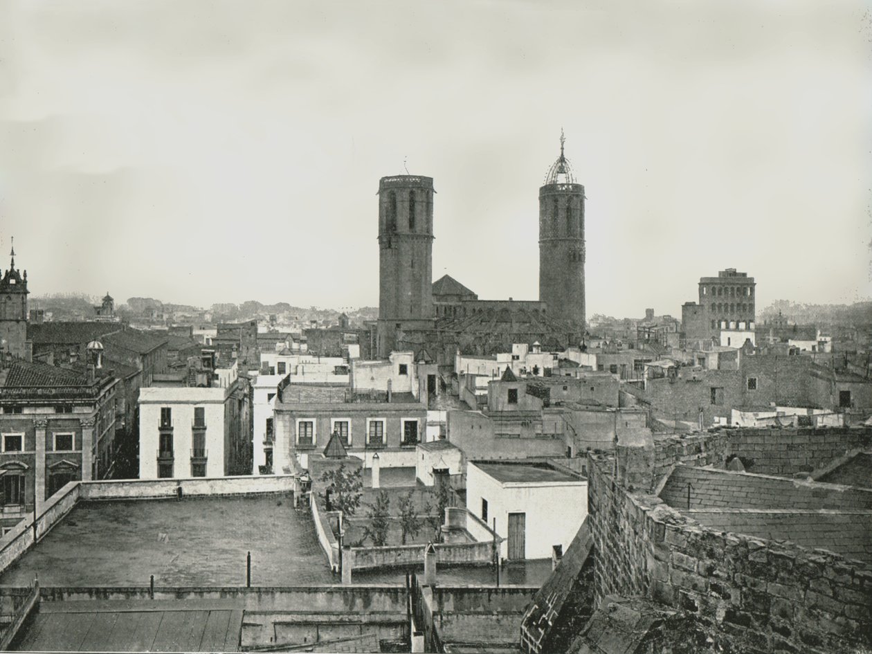 大聖堂のある旧市街の一部、バルセロナ、スペイン、1895。 作： W and S Ltd