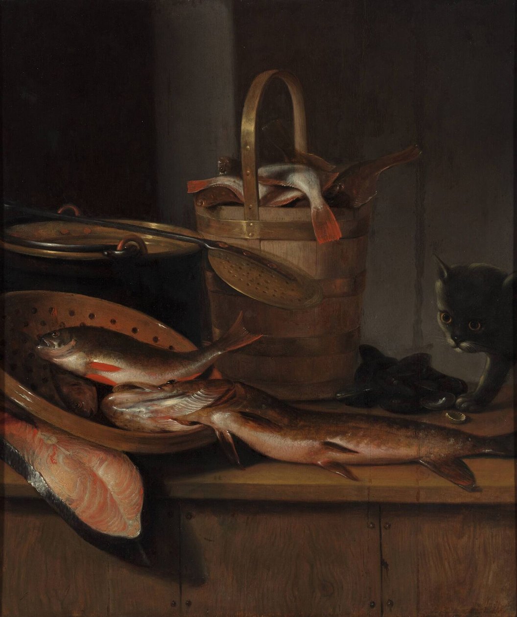 魚と猫のいる静物c。 1650-1660 作： ウォラントヴァイラント