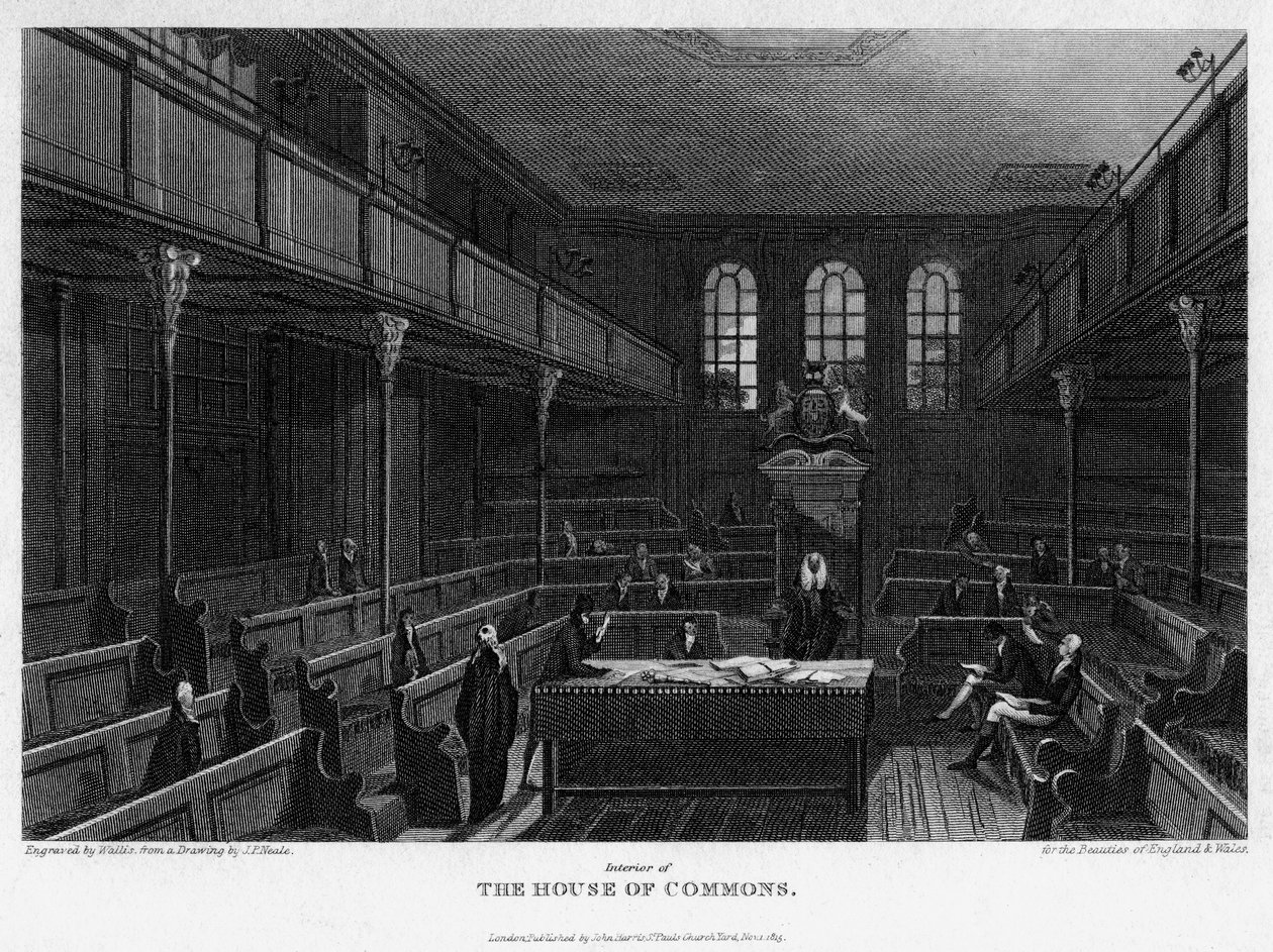 1815年、ロンドンのウェストミンスターにある下院の会議室。 作： ヴァレー