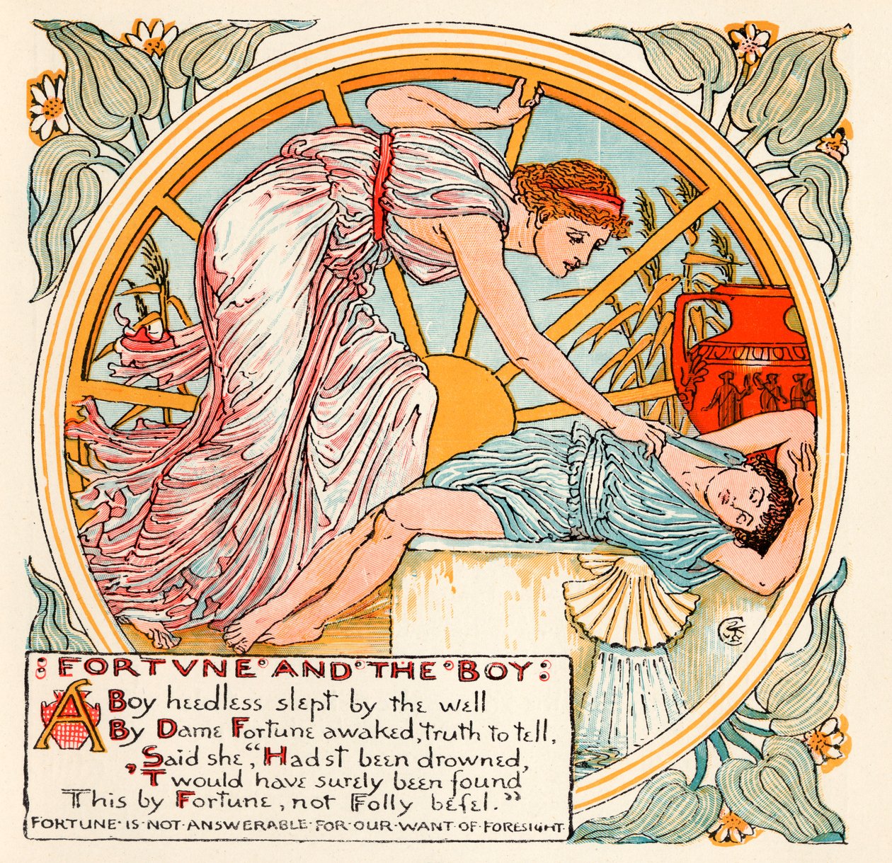 Fortune and the Boy、「Baby&39;s Own Aesop」のイラスト、ロンドンのエドマンドエヴァンスによって彫刻および印刷された、1920年頃の出版 作： ウォルター・クレーン