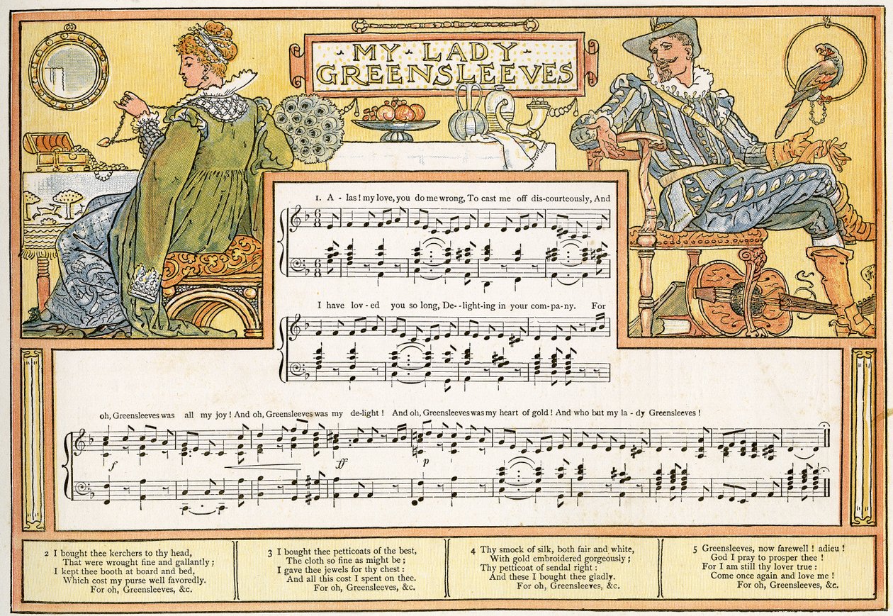 『マイ・レディ・グリーンスリーブス』、 『パン・パイプス』の歌のイラスト、古歌集、新曲、テオの伴奏付き。 Marzials、George Routledge und Sons、1884年にロンドンで発行（カラー 作： ウォルター・クレーン