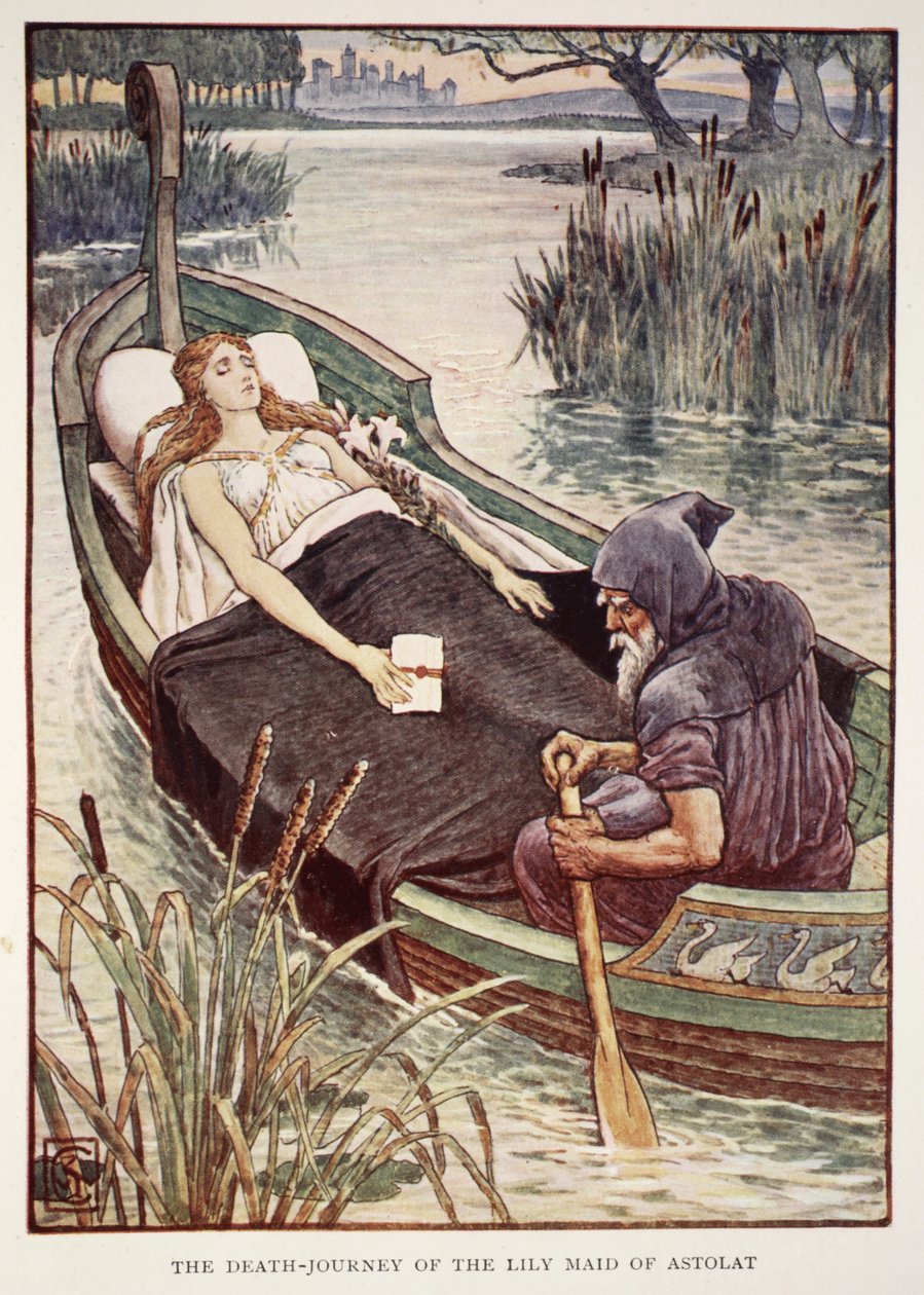 ヘンリーギルバートによる「円卓の騎士の物語」より、アストラットのリリーメイドの死の旅、1911年 作： ウォルター・クレーン