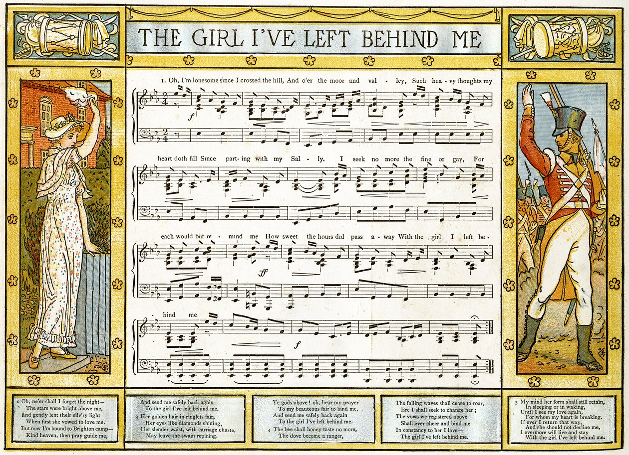 The Girl I&39;ve Left Behind Me」、「Pan-Pipes」からの歌のイラスト、古歌の本、新しくアレンジされ、Theoの伴奏付き。 Marzials、ジョージ・ラウトレッジウントサンズ、1884年にロンドンで公開 作： ウォルター・クレーン