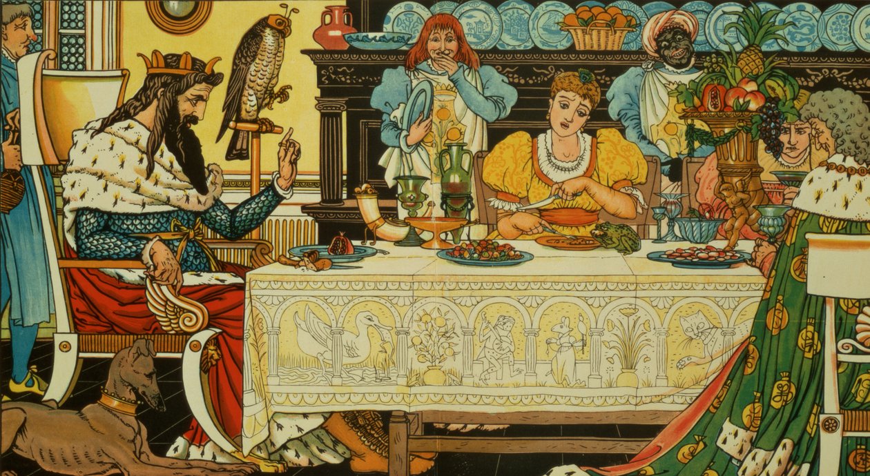 プリンセスは彼女の夕食をカエルと分け合う、「カエルの王子様」、1874年 作： ウォルター・クレーン
