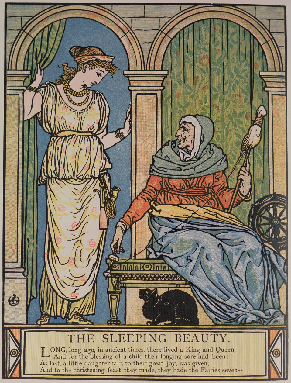 紡ぎ車のある姫とおばあさん、チャールズ・ペロー（1628-1703）による「眠れる森の美女」のイラスト（カラー彫刻） 作： ウォルター・クレーン