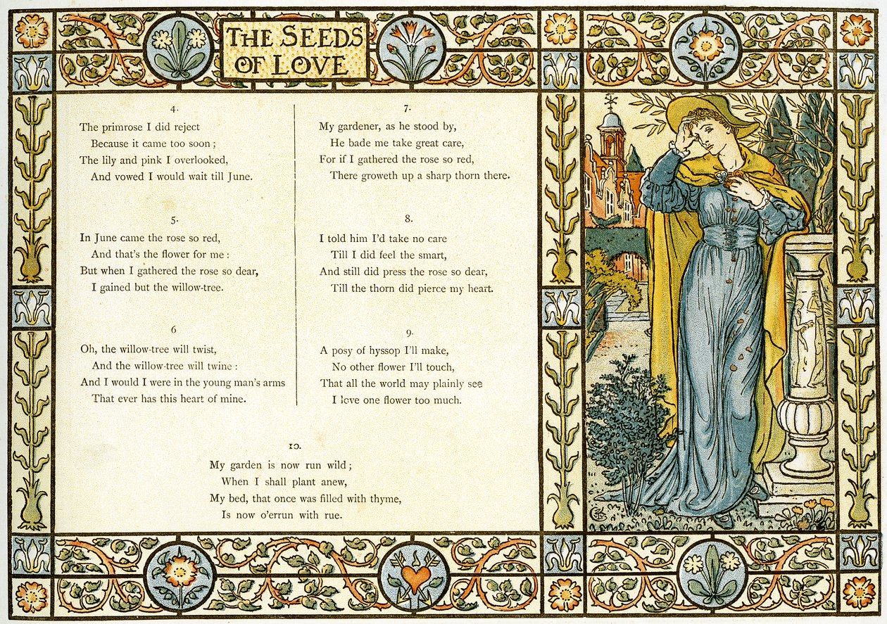 「The Seeds of Love」、伝統的な英国民謡のパート2、「Pan-Pipes」からのイラスト、A Book of Old Songs、新しくアレンジ、Theoの伴奏付き。ジョージアがロンドンで出版したMarzials 作： ウォルター・クレーン