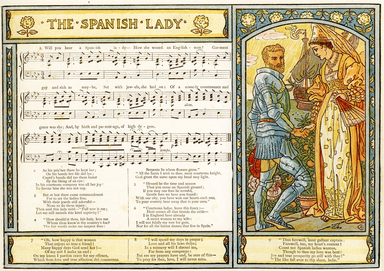 「The Spanish Lady」、「Pan-Pipes」の歌のイラスト、古歌の本、新しくアレンジされ、Theoの伴奏付き。 Marzials、ロンドンでGeorge Routledge und Sonsによって公開された、1884年（色lith） 作： ウォルター・クレーン