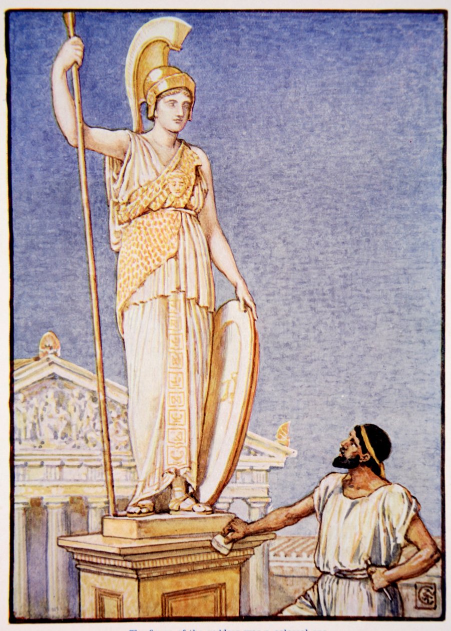 女神の姿は巨大なもので、メアリー・マクレガーによる「ギリシャの物語」、第1版、1913年（カラープリント）のイラスト 作： ウォルター・クレーン