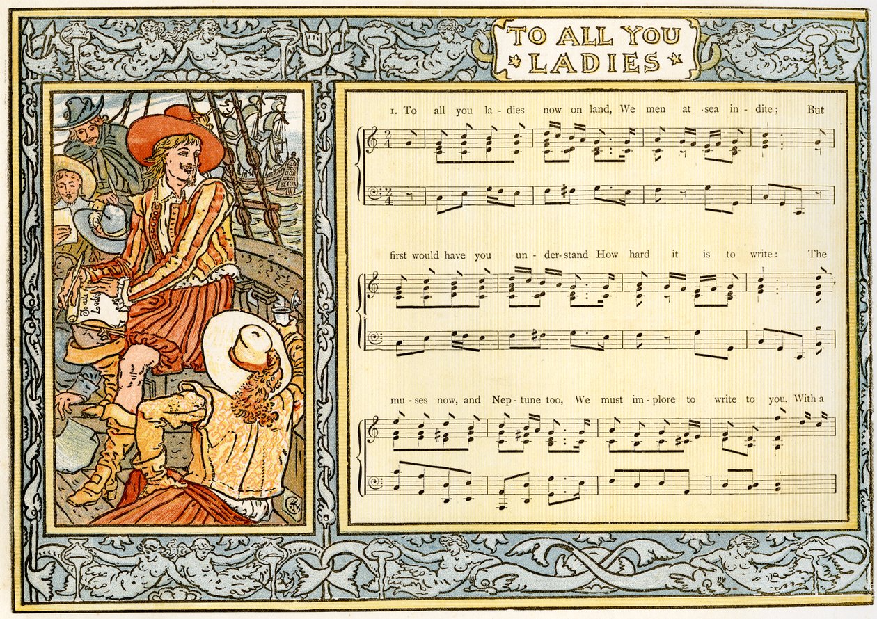 「To All You Ladies on land、We men at sea indite」、「Pan-Pipes」からの歌のイラスト、A Book of Old Songs、新しくアレンジされ、Theoによる伴奏付き。 Marzials、ジョージによってロンドンで公開 作： ウォルター・クレーン