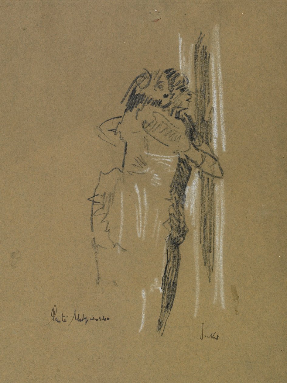 2人の立ち絵、c.1907（色あせた青い紙に黒と白のチョーク） 作： ウォルター・リチャード・シッカート
