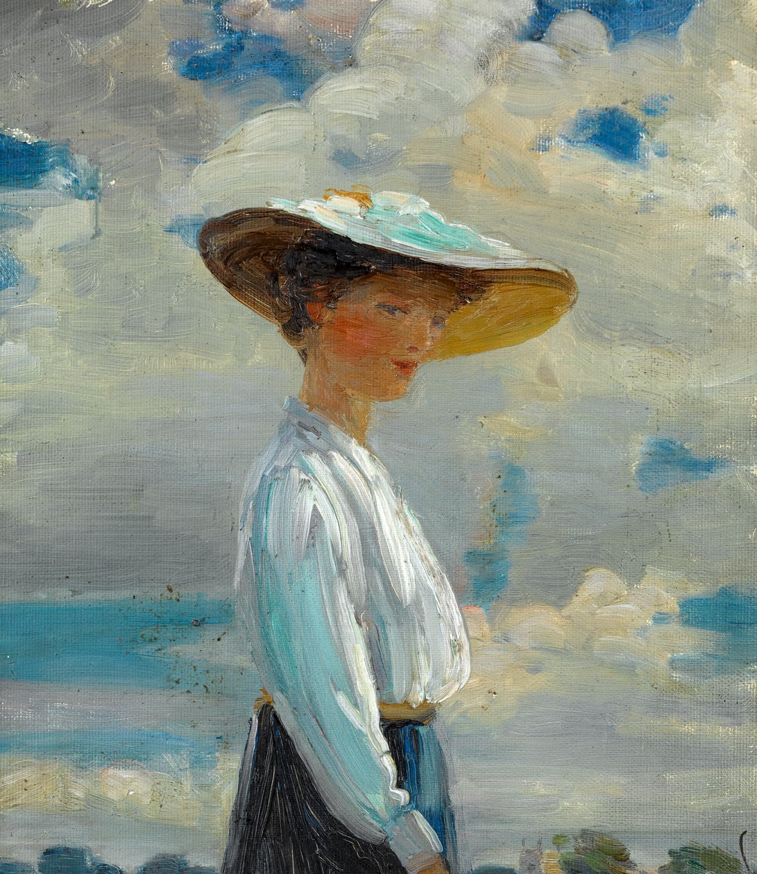 つば広の帽子をかぶった女性の半身像の研究