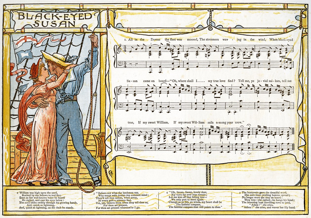 「Black-Eyed Susan」、「Pan-Pipes」の歌のイラスト、A The Book of Old Songs、新しくアレンジ、テオの伴奏付き。 Marzials、ロンドンでGeorge Routledge und Sonsによって公開された、1884年 作： ウォルター・クレーン