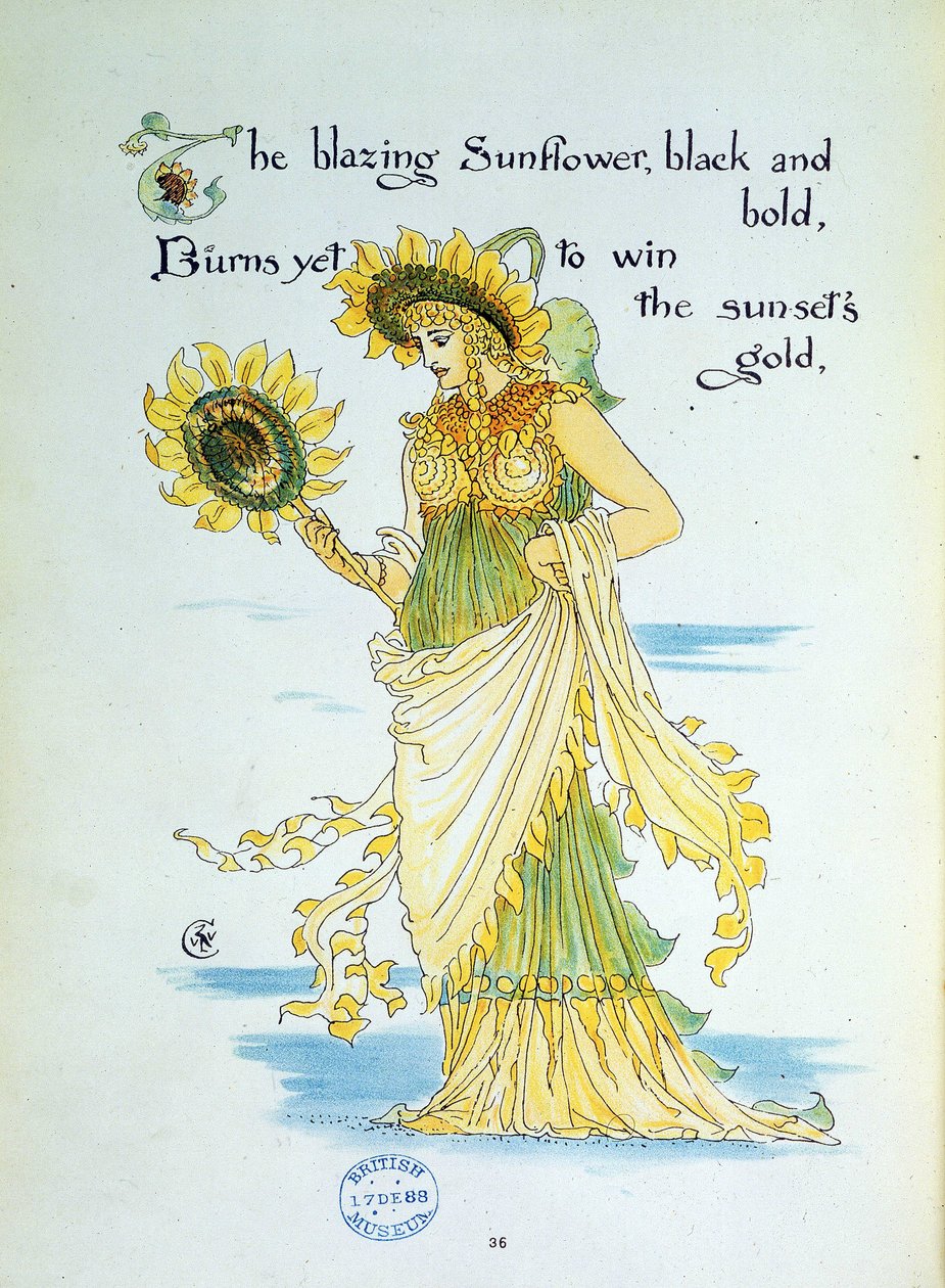 ひまわりの花（太陽）は、黄色と緑の服を着た若い女性に擬人化されています。 ウォルター・クレイン (1845-1912) によって書かれ、描かれた「フローラの饗宴」のプレート 36。 1889. 大英図書館機関参照: Shelfmark ID: 11651.I.21。 番目 作： ウォルター・クレーン