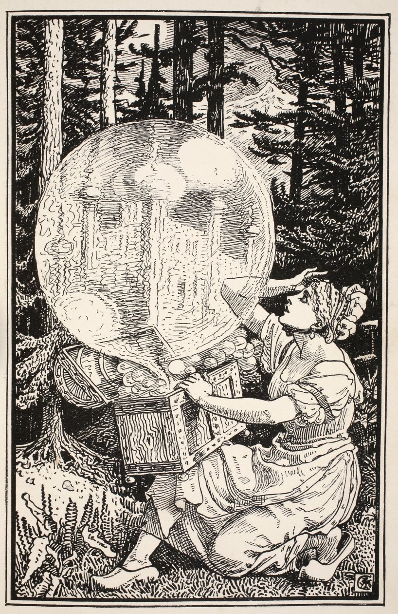 1885年の「バートンハリソン夫人の民話と童話」のイラストに描かれた、石鹸の泡のようなガラスのドームが空中に浮かび上がりました。 作： ウォルター・クレーン