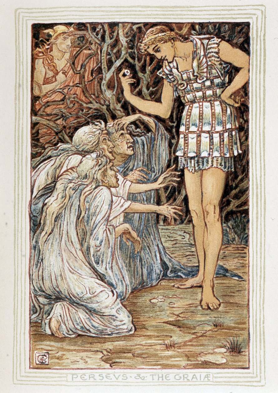 パーシーとグレイア（ギリシャ・ベオティ） - 3人の老婆（魔女？）と出会う - ウォルター・クレーン（1845-1915）の「少女と少年のための不思議な本」に登場する。 作： ウォルター・クレーン