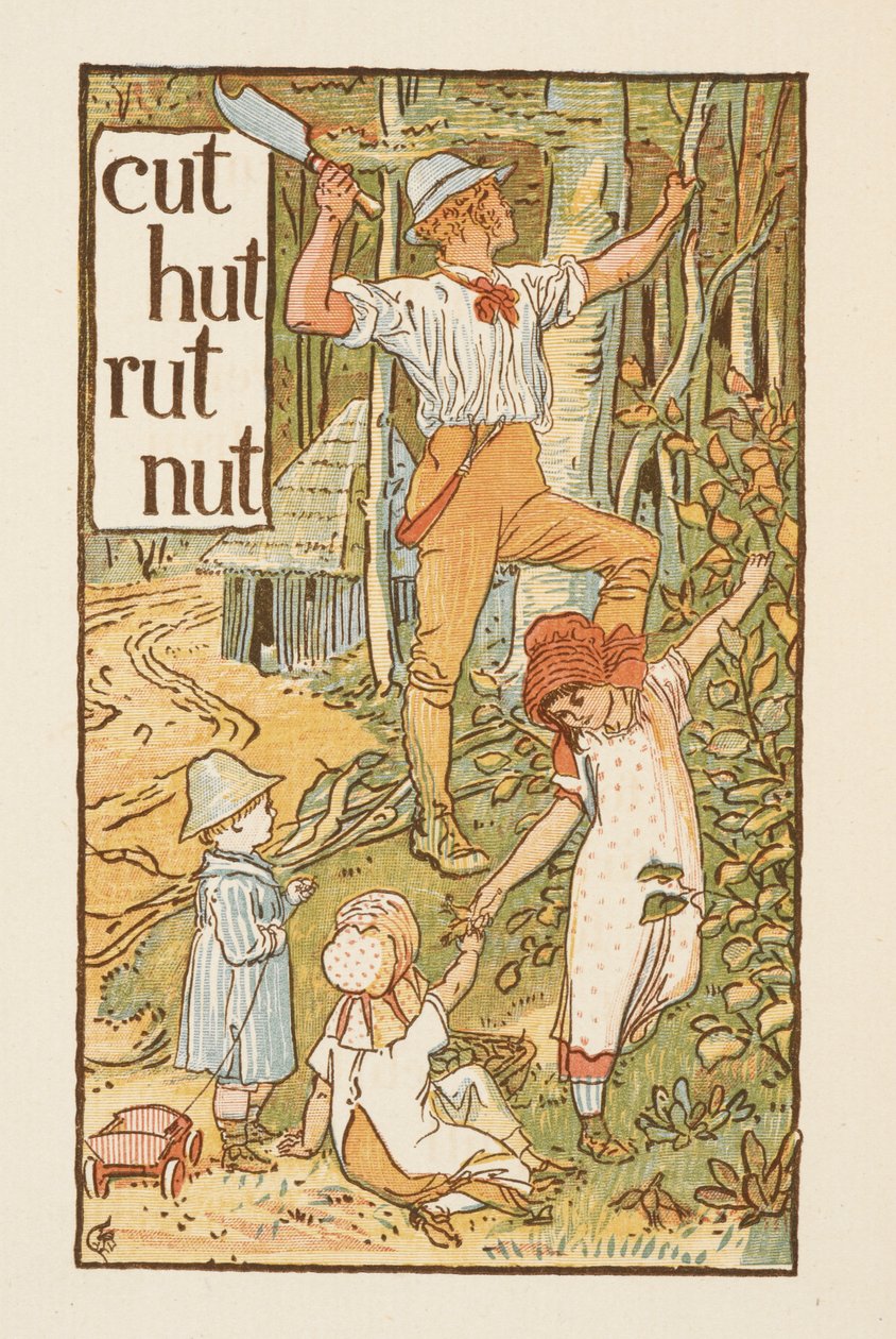 Rhyming words ending in the letter T. An illustration, showing a man cutting a tree. Three children are with him. The Golden primer.   1453982   ja       japanese Successfully Translated  Original: Manufacture of cutlery: cast ingot in a mold Translat: Man 作： ウォルター・クレーン