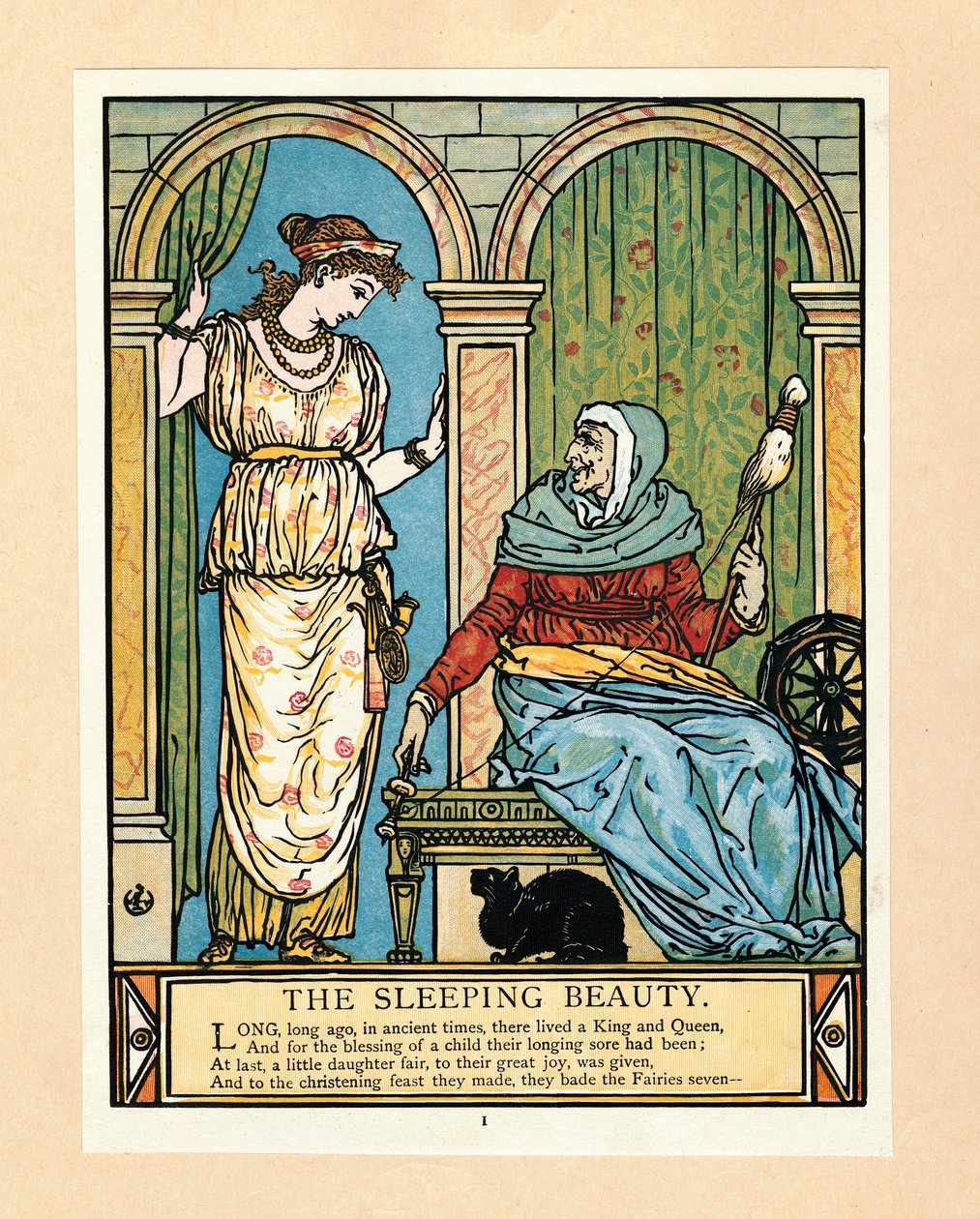 プリンセスは、The Blue Beard Picture Book、pub から回転することを学びます。 1879年カラーリトグラフ、1879年。 作： ウォルター・クレーン