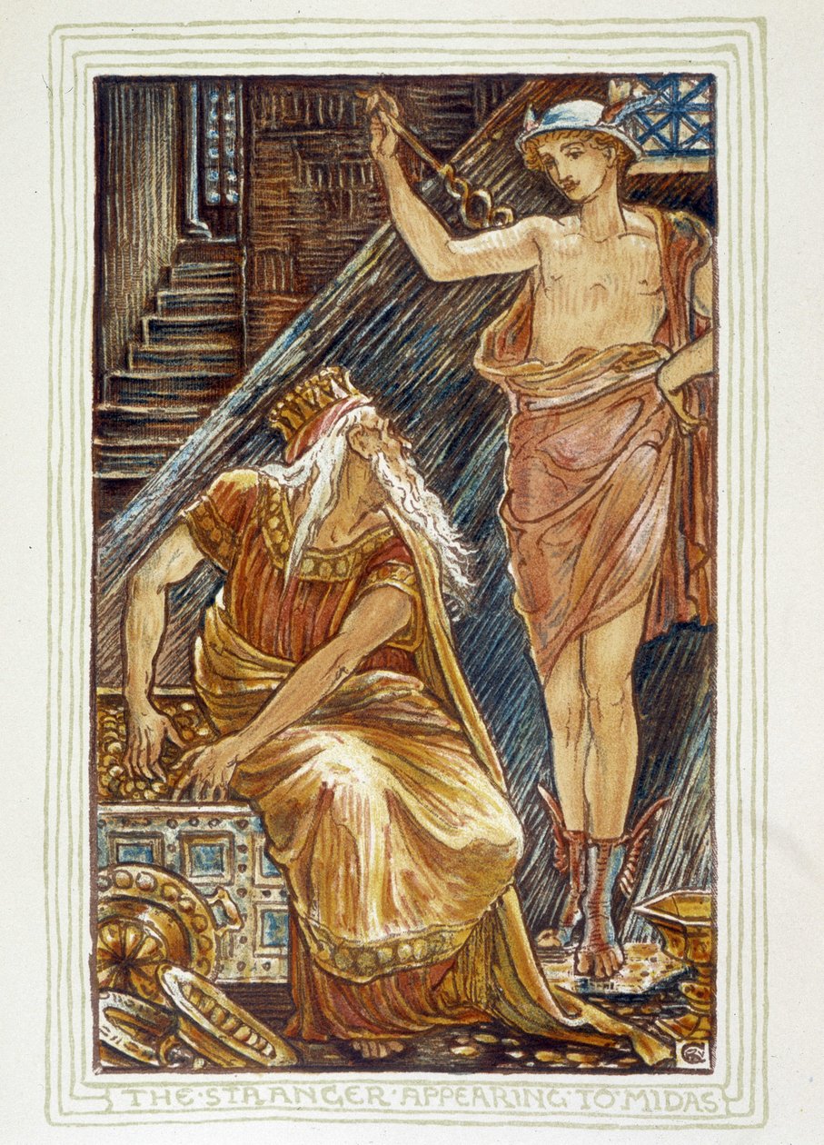 ミダスに現れた見知らぬ人（Hermes apparait devant Midas） - ウォルター・クレイン著「少女と少年のための不思議な本：ホーソン」にて 作： ウォルター・クレーン