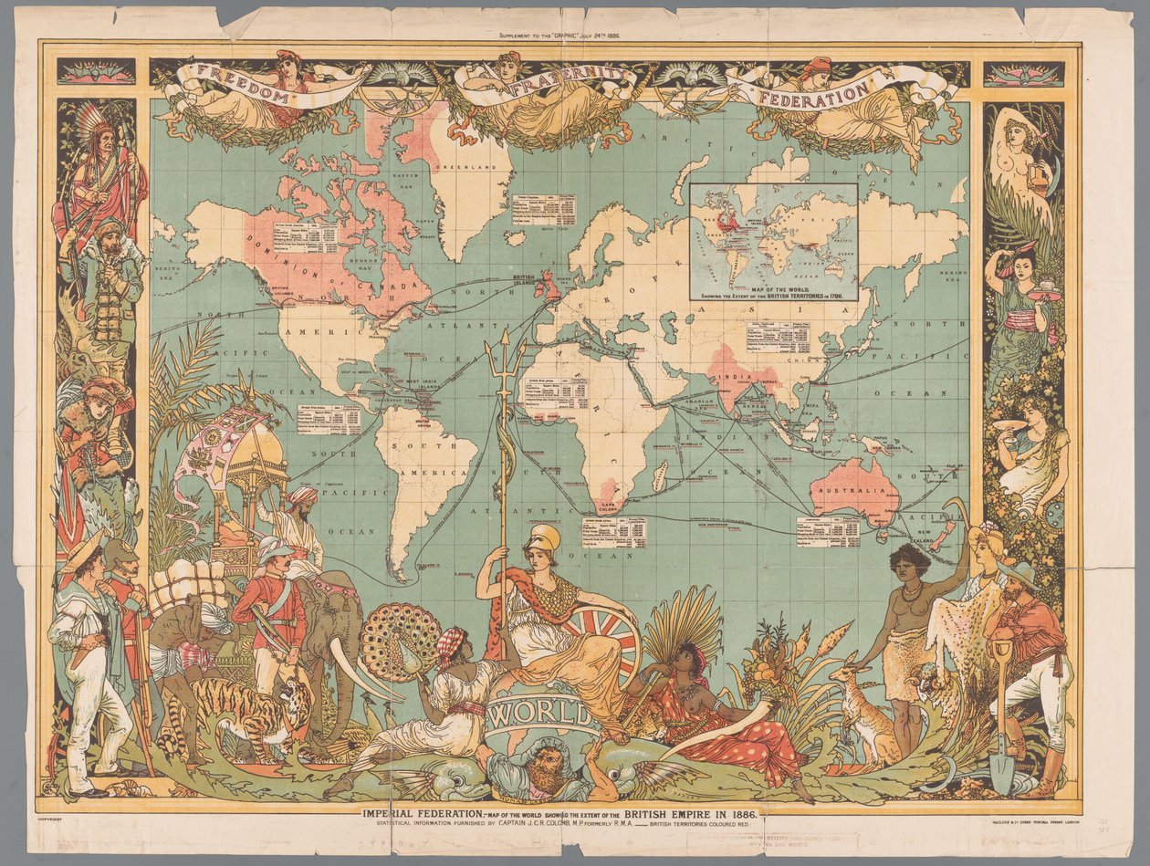 植民地時代の大英帝国を示す世界地図、1886 年 帝国連邦、1886 年の大英帝国の範囲を示す世界地図 (オブジェクトのタイトル) 作： ウォルター・クレーン