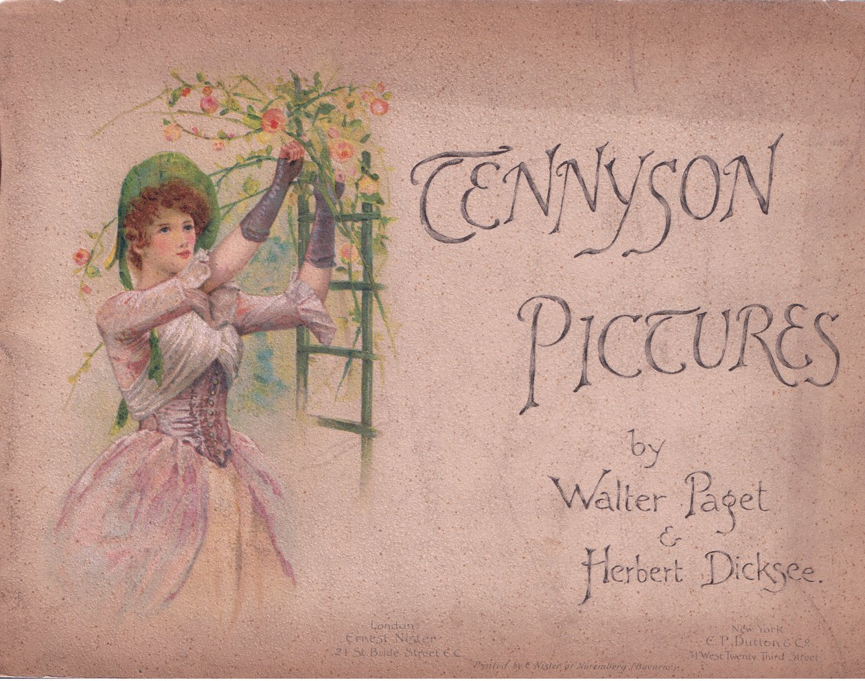 表紙デザイン（The May Queen）、E P Dutton & Co発行のTennyson Picturesのイラスト、1900年頃（カラーリトグラフ）。 作： ウォルターパジェット