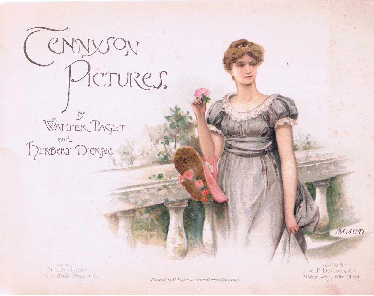 モード：タイトルページ、E P Dutton & Coが1900年頃に出版した「Tennyson Pictures」のイラスト（カラーリトグラフ）。 作： ウォルターパジェット