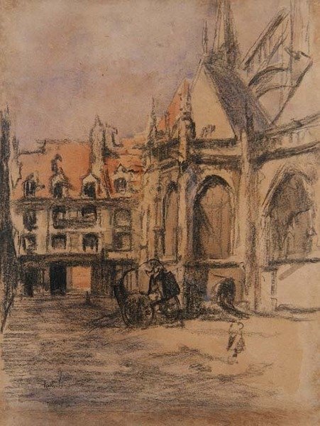 サント・カトリーヌ通りと古いアーケード、ディエップ、1900年頃（木炭・水彩画） 作： ウォルター・リチャード・シッカート