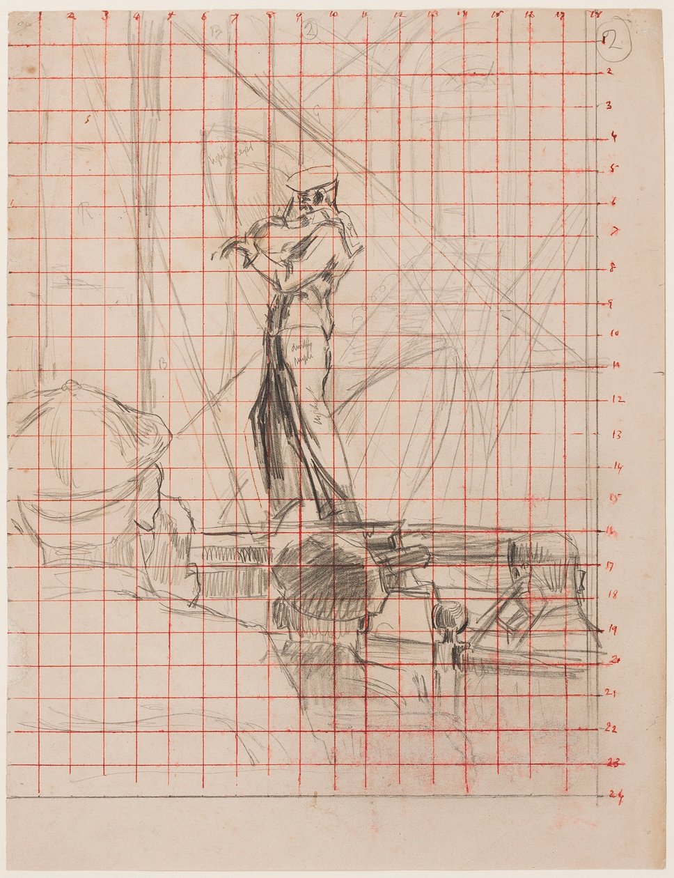 ヴァイオリニスト、192223（赤インクで転写するために四角い紙に鉛筆） 作： ウォルター・リチャード・シッカート