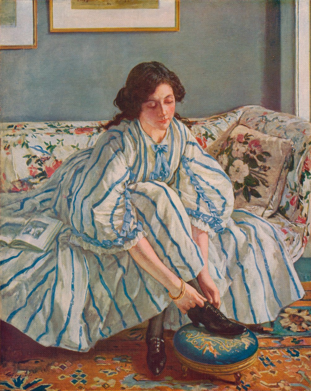 彼女の靴を結ぶこと、c1900 作： ウォルター・ラッセル