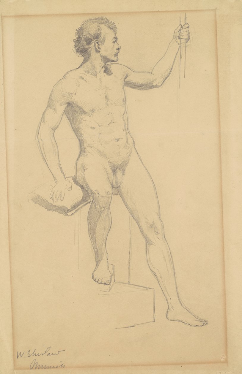 座る男性のヌード、c.1870-77（織り紙に黒鉛） 作： ウォルター・シャーロウ