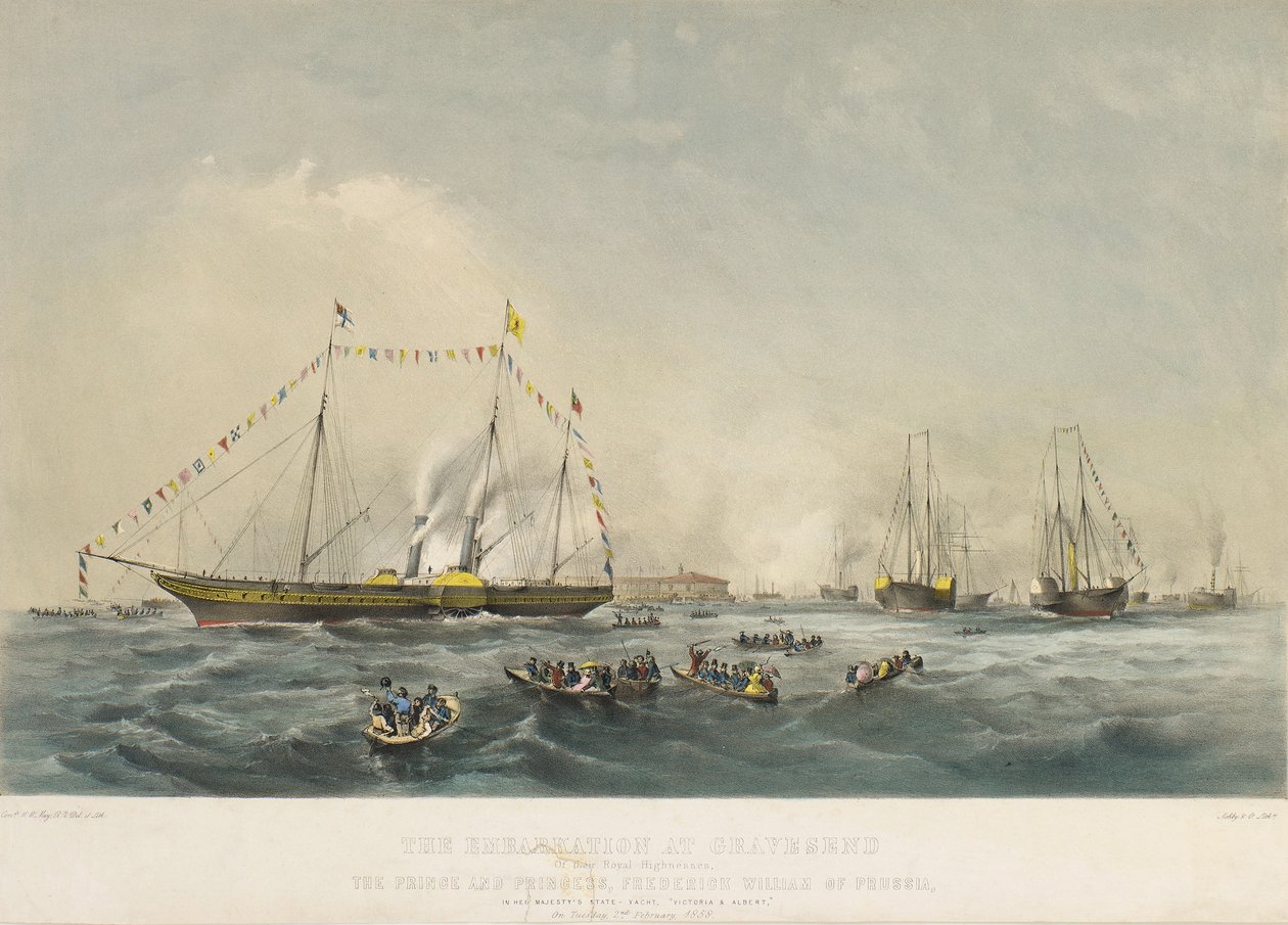 プロイセン皇太子フレデリック・ウィリアム4世（1795-1861）とバイエルン公エリザベス夫人（1801-1873）の乗船（2月2日、イギリスのグレーブゼンドにて 作： ウォルター・ウィリアム・メイ