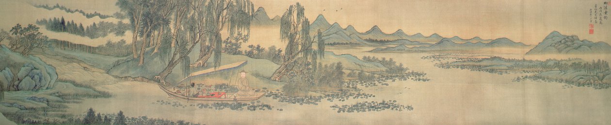 奥付詩のある風景を描いた手巻、1706年のウィローブルックでの釣り、中国、1706（142751も参照） 作： 王Hu