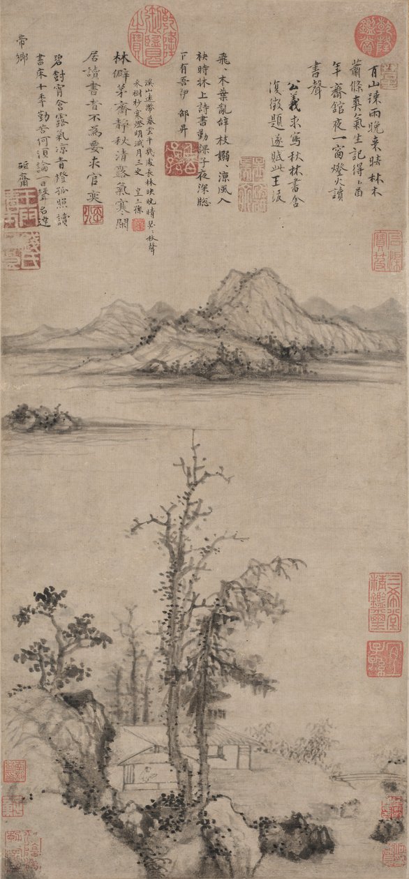 秋の木々に囲まれた学者の隠れ家、明朝 1368～1644 年。 作： ワンフー