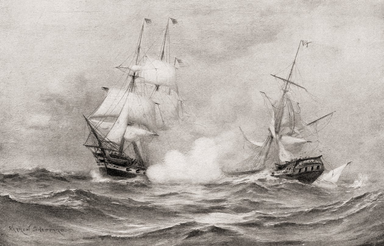 1812年の戦争中、ノバスコシア州ハリファックスの南東約400マイルにあるUSSコンスティテューションとHMSゲリエールの間の戦闘は、1905年に発表された私たちの国の歴史からのものです。 作： ウォーレン・シェパード