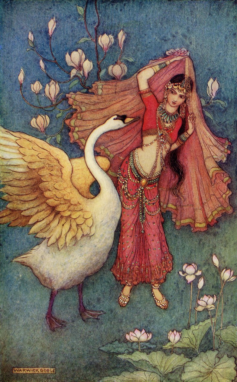ダマヤンティと白鳥、ドナルドA.マッケンジーの「インド神話と伝説」のイラスト、1913年発行 作： ワーウィックゴーブル