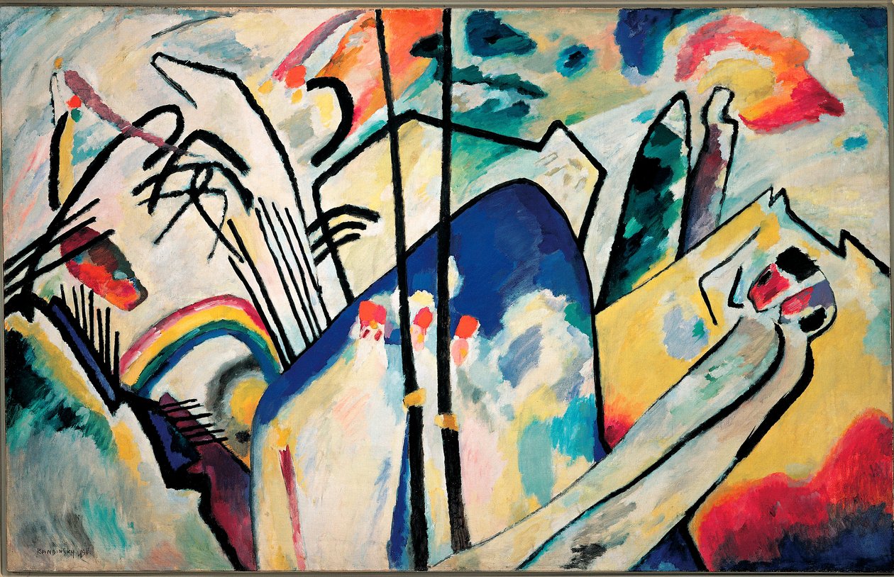 Vassily Kandinsky（またはWassily KandinskiまたはKandinskij、1866-1944）によるコンポジションIV絵画1911薄暗い。 160x250 cm Dusserdolf、Kunstsammlung Nordhein-Westfalen 作： ワシリー・カンディンスキー
