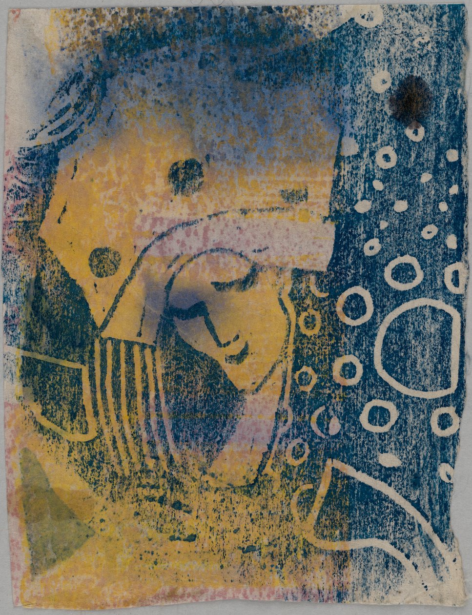 Farbholzschnitt-Probedrucke; Vorderseite: Frauenkopf mit großer Haube, Hintergrund mit Kreismusterung; Rückseite: Hand, stehende Gestalten 作： ワシリー・カンディンスキー