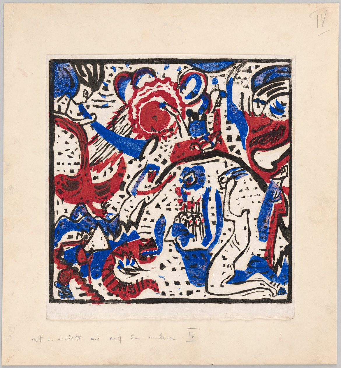 Holzschnitt nach dem Hinterglasbild "Große Auferstehung" (Probedruck mit Anweisungen für Kandinskys Buch "Klänge" (1912), S. 97) 作： ワシリー・カンディンスキー