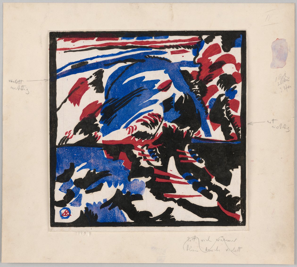 Holzschnitt zu dem Gemälde "Kahnfahrt" (Probedruck mit Anweisungen für Kandinskys Buch "Klänge" (1912), S. 49) 作： ワシリー・カンディンスキー
