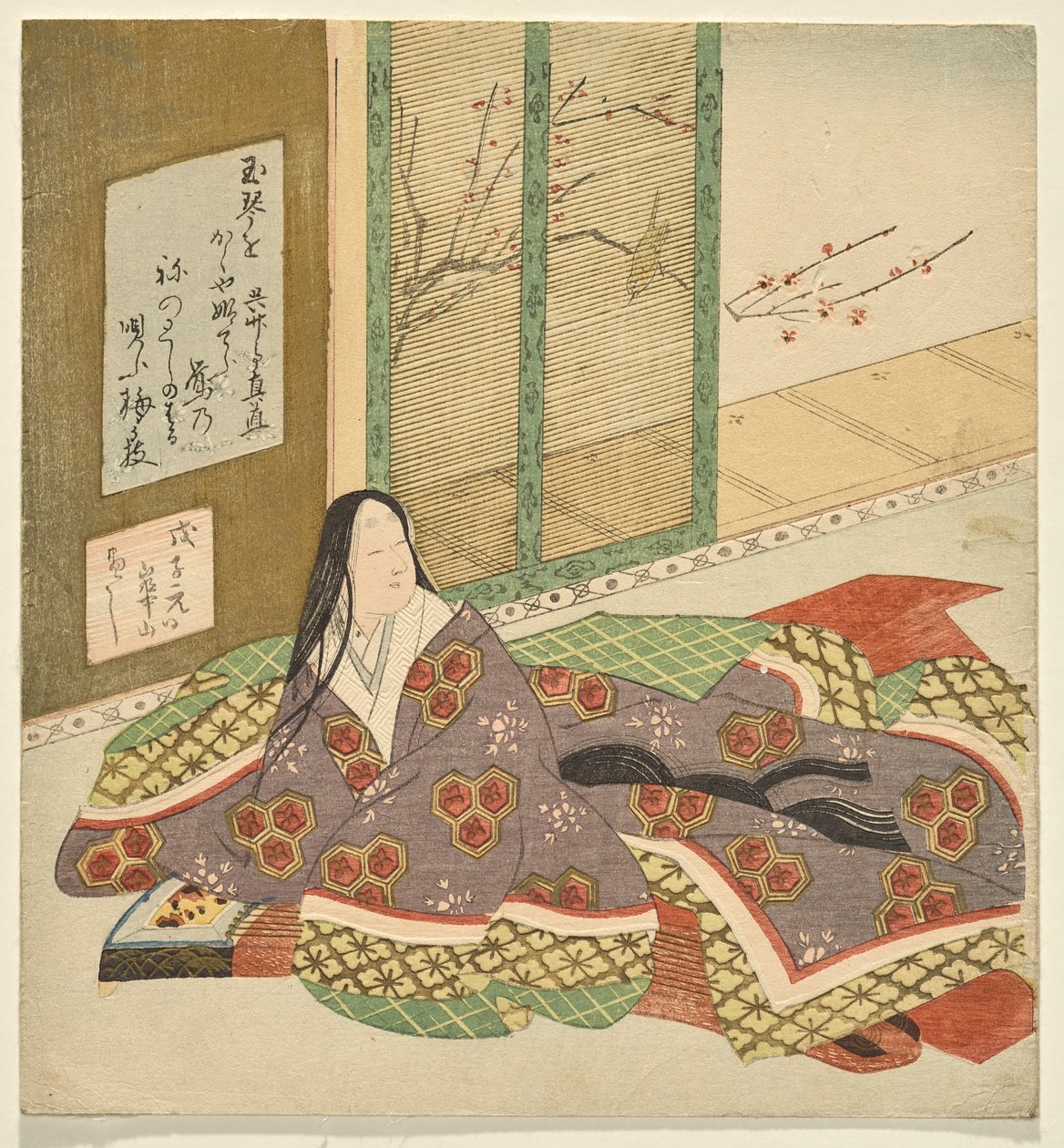 箏に腰掛けて庭を眺める女官 作： 渡辺崋山