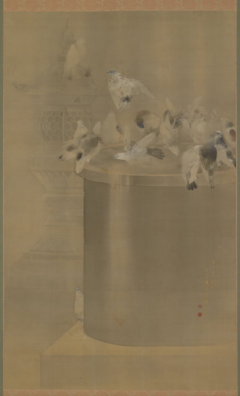 戦場寺の鳩（浅草観音寺）明治1877年（絹に墨と色） 作： 渡辺ページイ