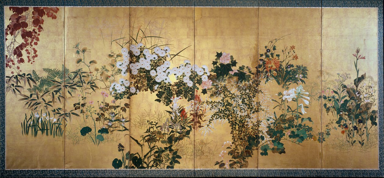 秋冬花卉図屏風 18世紀初頭 作： 渡辺志子