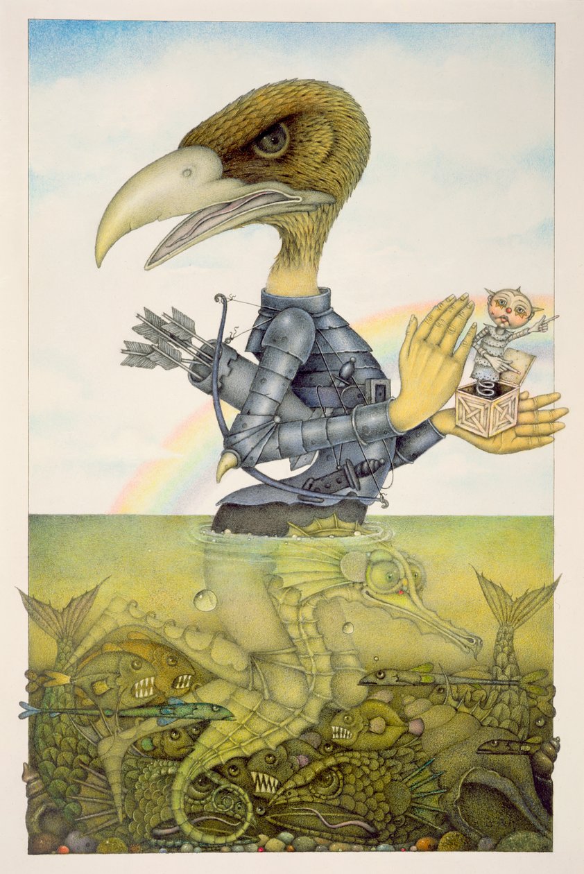 海馬に乗った鎧の鳥（紙に鉛筆とカラークレヨン）（150071のペア） 作： ウェイン・アンダーソン