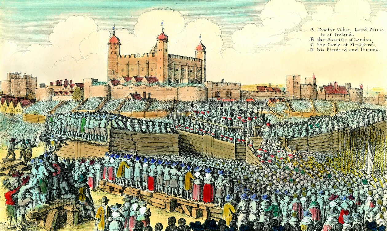 第一次イギリス革命（1641-1649）：1641年12月05日、ロンドンのタワー・ヒルで、イギリスの政治家トーマス・ウェントワース・ド・ストラフォード（1593-1641）が処刑される。Wenceslaus Hollar (1607-1677)によるエングレーヴィング 17世紀 個人蔵 作： ヴァーツラフ・ホラー