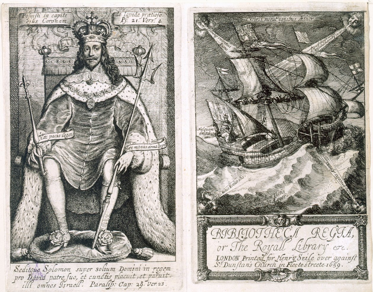 「Bibliotheca Regia、または王立図書館」の前絵とタイトルページ、1659年（エッチングと彫刻） 作： ヴァーツラフ・ホラー