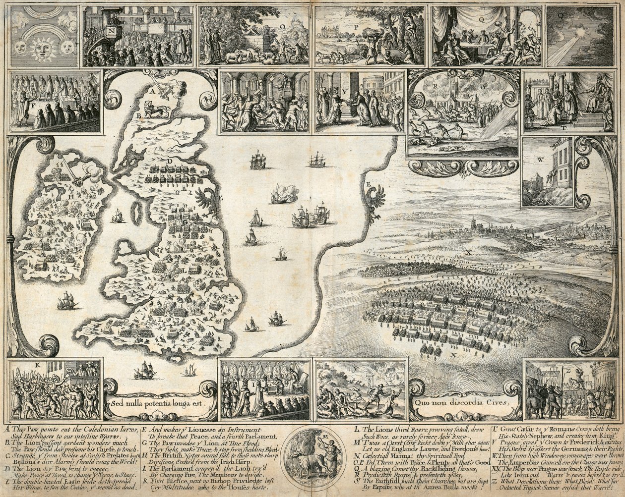 イギリス諸島の地図と 17 世紀の歴史的出来事のイラスト、c1659 作： ヴァーツラフ・ホラー
