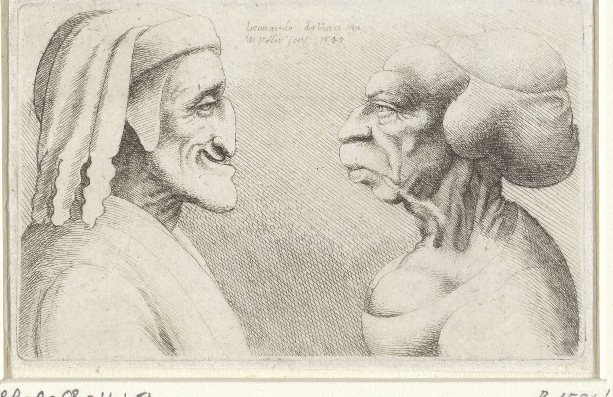 帽子をかぶった男（ダンテ？）と女のデフォルメ似顔絵 Varie figurae et probae (シリーズタイトル) レオナルド ダ ヴィンチ (シリーズ タイトル) の似顔絵、頭部、奇形 作： ヴァーツラフ・ホラー