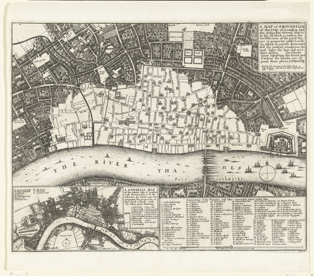 1666年の大火後のロンドンの地図 ロンドン市と郊外の地図または地上絵