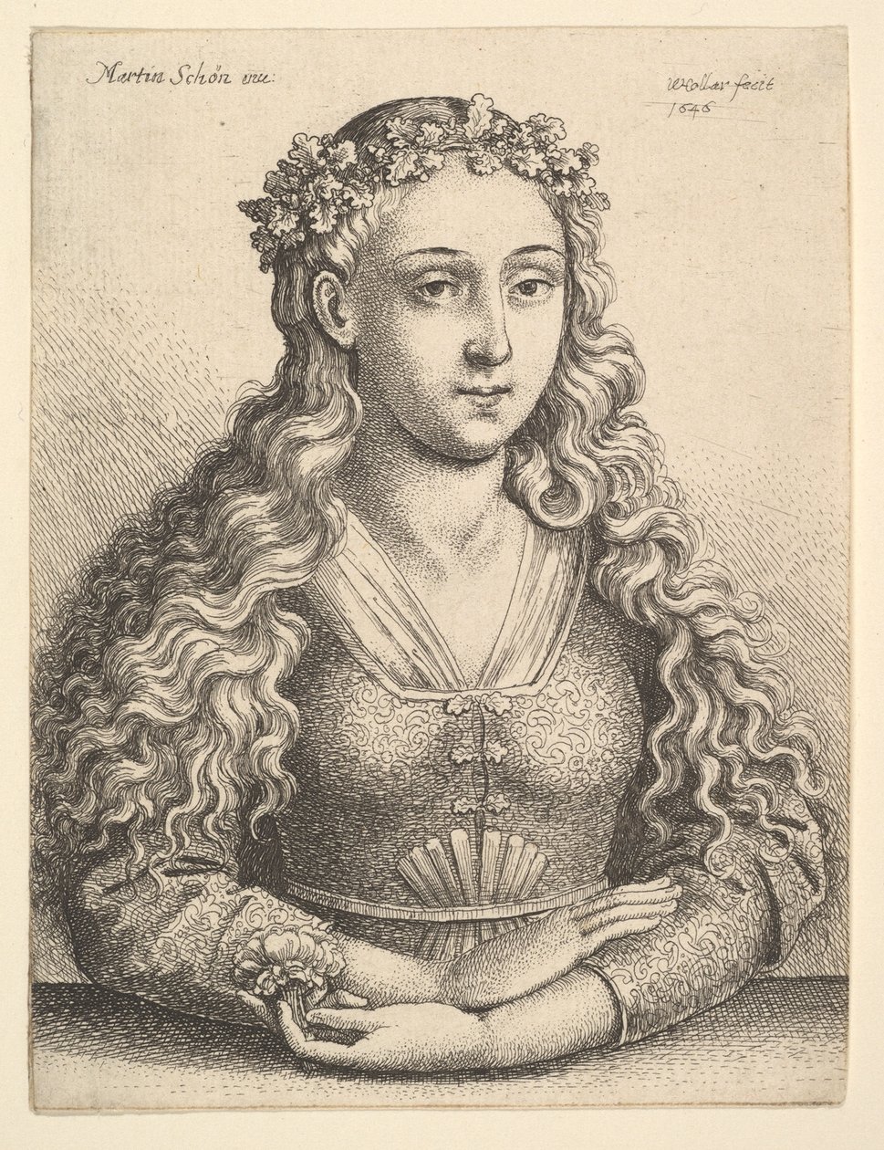 オークの葉のリースを持つ女性、1646年。 作： ヴァーツラフ・ホラー